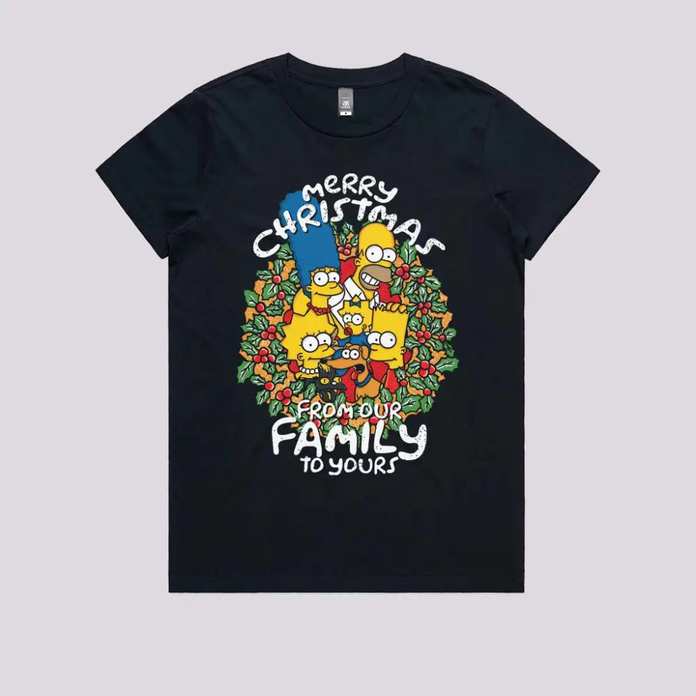 Cartoon Christmas Greetings T-Shirt Womens / Navy Xs Adult Tee